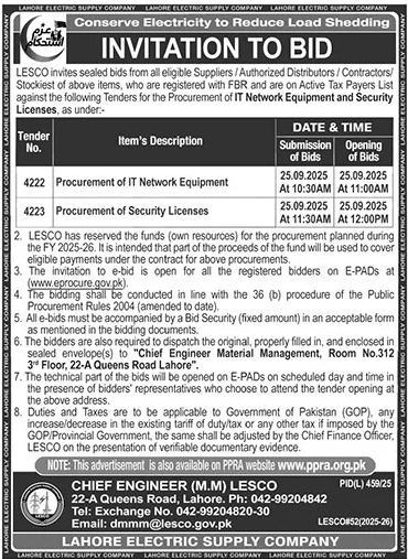Lahore Electric Supply Company Tender Notice